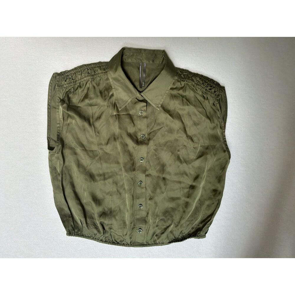 Anthropologie Olive Green Ruched Shoulder Sleeveless Button Down Bubble Hem Top